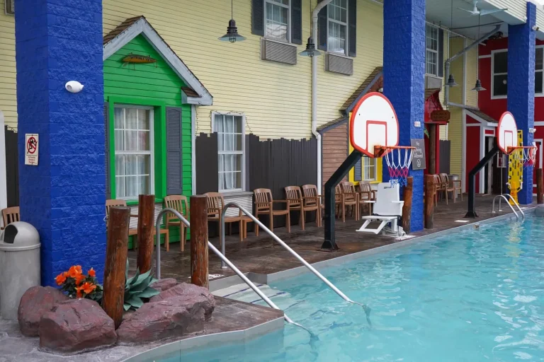view of our basketball hoops in the pool area of Splash Harbor